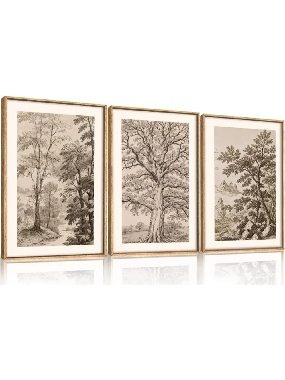 Vintage Tree Sketch Framed Canvas Wall Art Set - 3 Piece Home Decor, 16